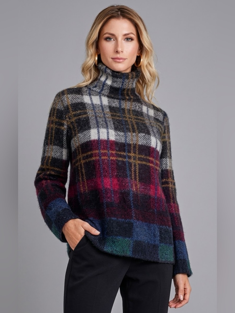SUNO New York Mohair Wool Plaid Turtleneck Sweater M Oversized Boxy Chunky